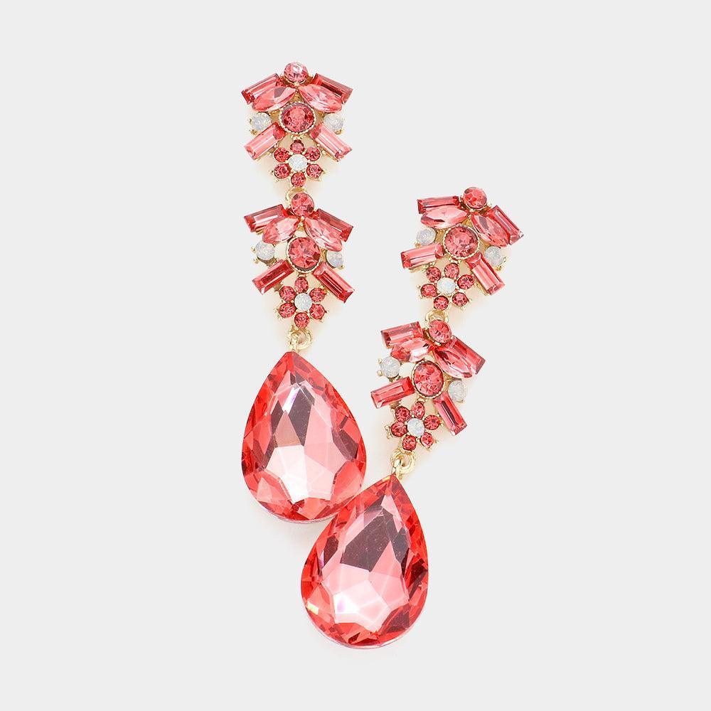 Coral Chunky Pear Crystal Floral Evening Drop Earrings - Jewelry Store by Erik Rayo
