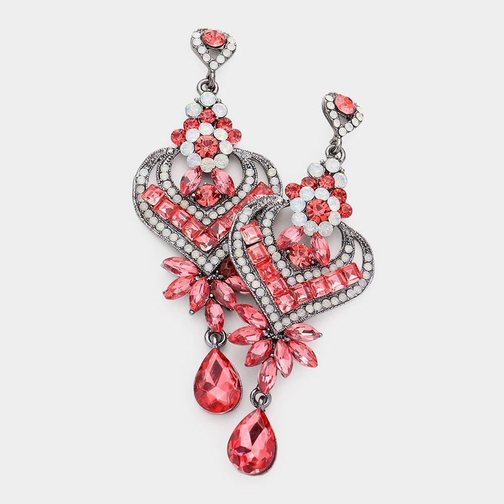 Coral Glass crystal heart teardrop evening earrings - Jewelry Store by Erik Rayo