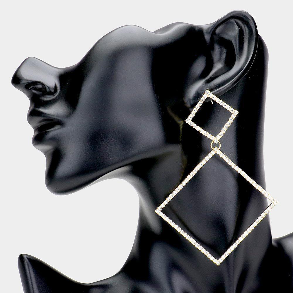 Gold Rhinestone Double Open Square Link Evening Earrings - Jewelry Store by Erik Rayo