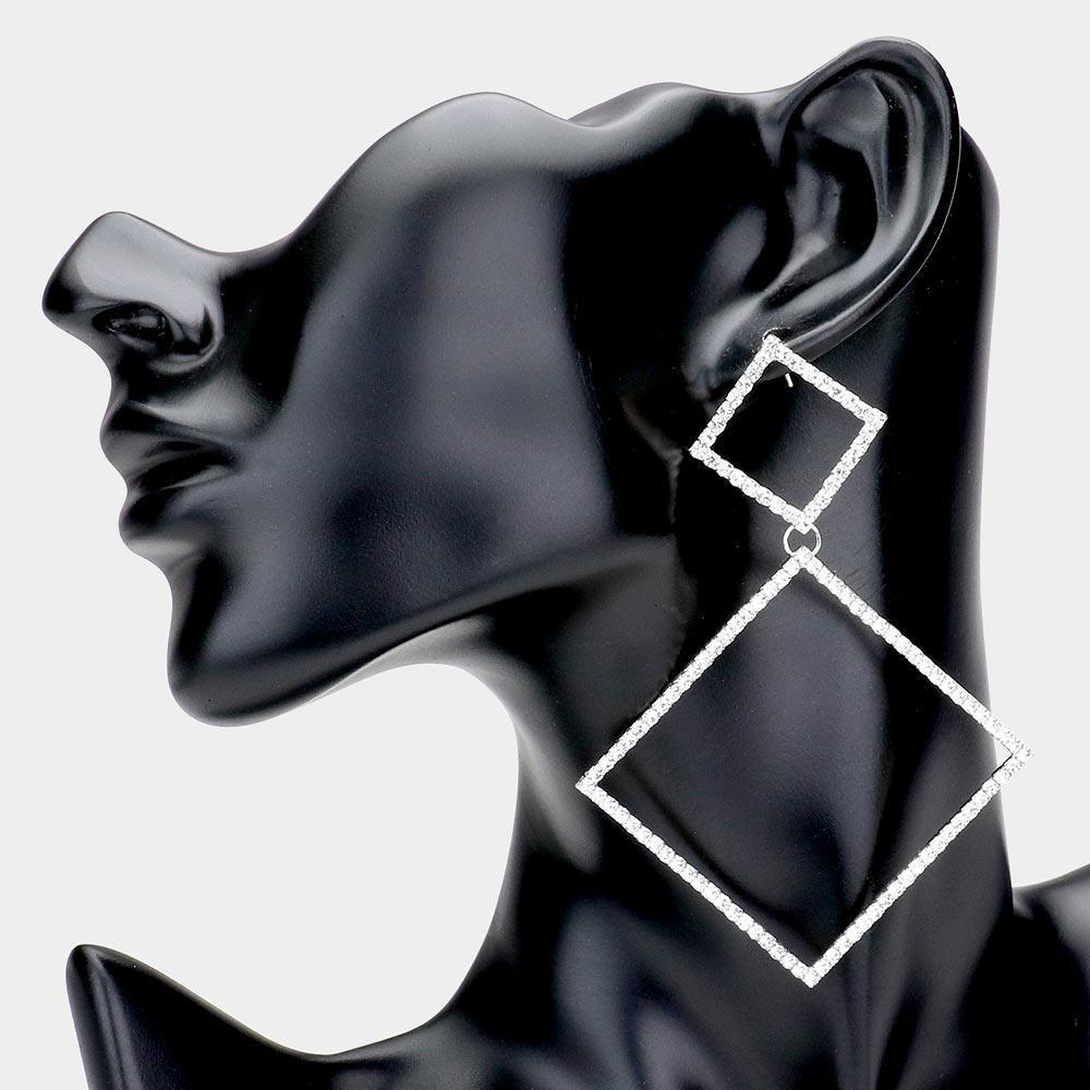 Silver Rhinestone Double Open Square Link Evening Earrings - Jewelry Store by Erik Rayo