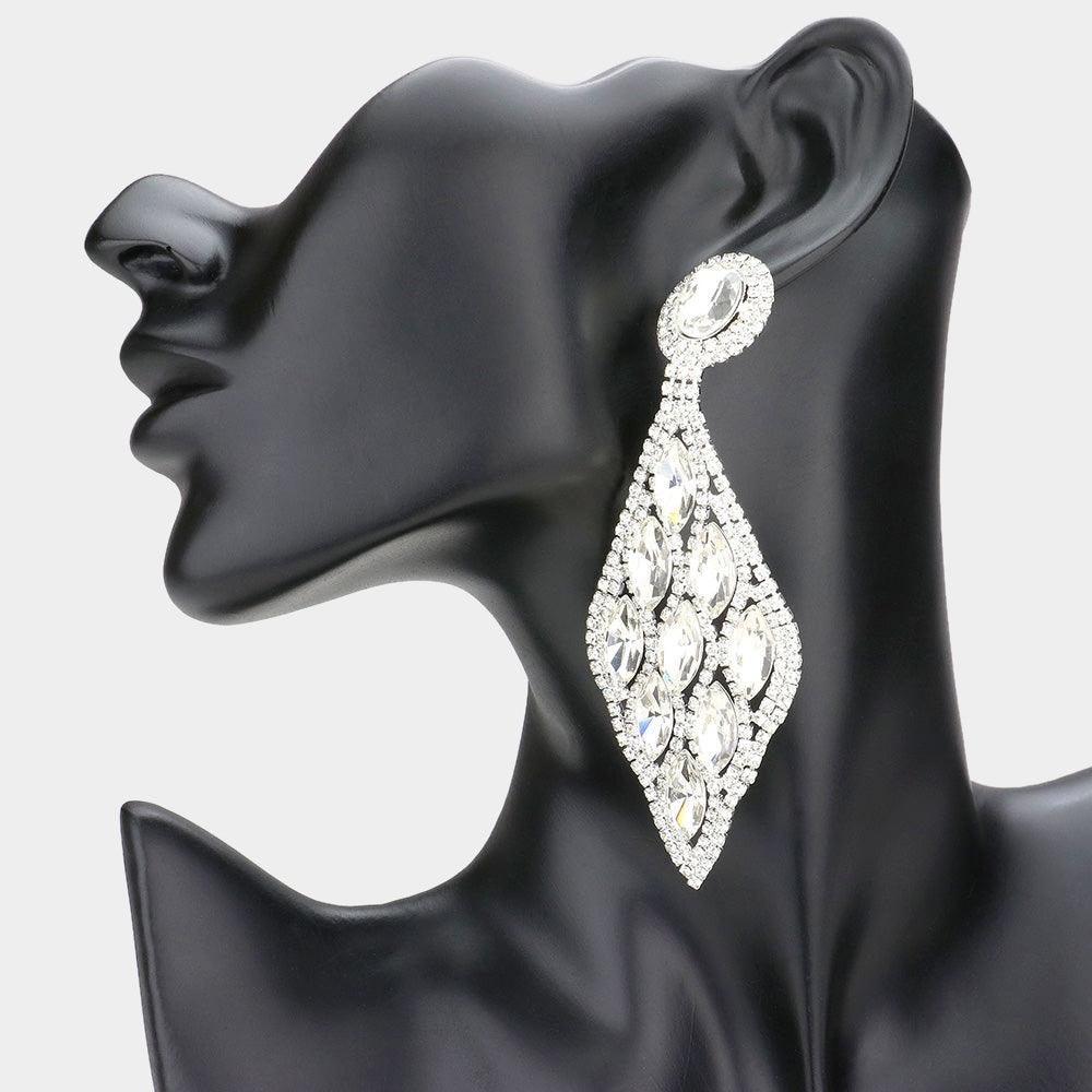 Silver Marquise Stone Cluster Petal Evening Earrings