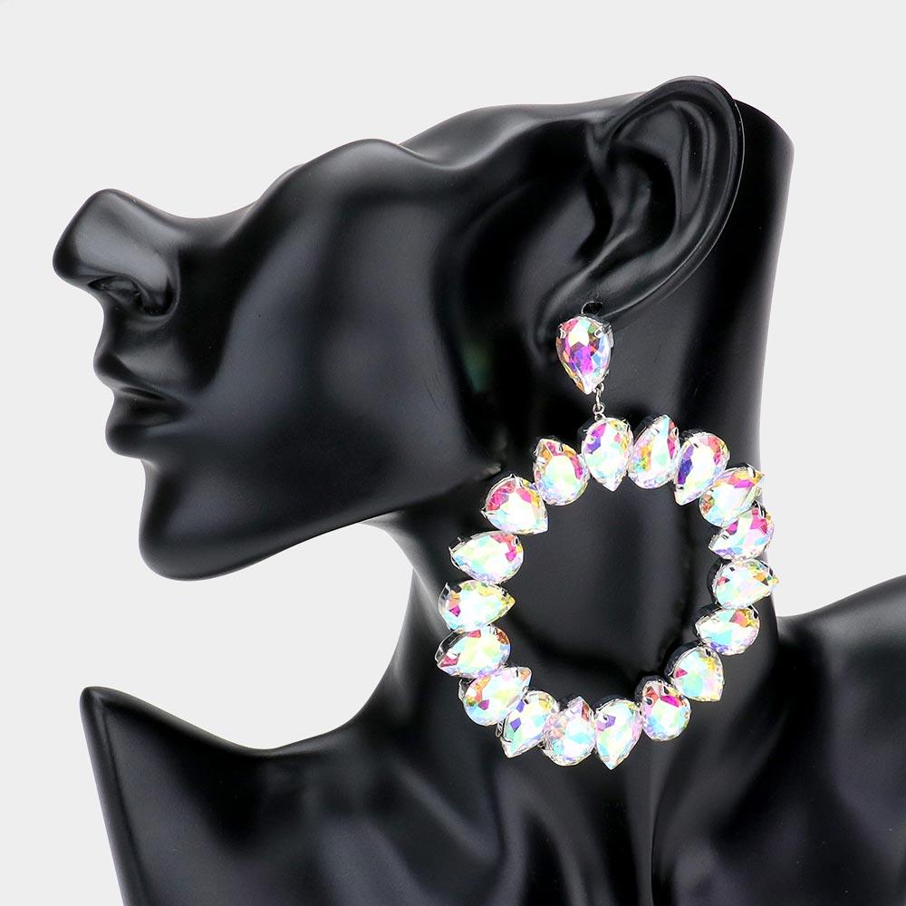 Teardrop Glass Crystal Open Circle Evening Earrings