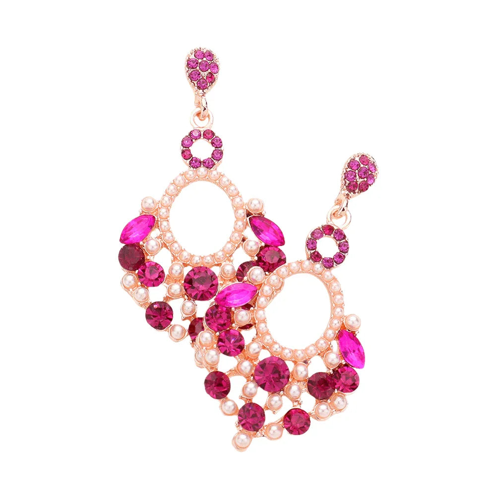 Fuchsia Pearl Stone Embellished Dangle Evening Earrings - Jewelry Store by Erik Rayo