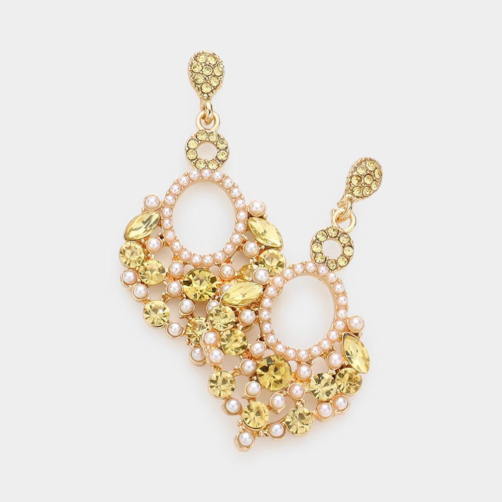 Yellow Pearl Stone Embellished Dangle Evening Earrings - Jewelry Store by Erik Rayo
