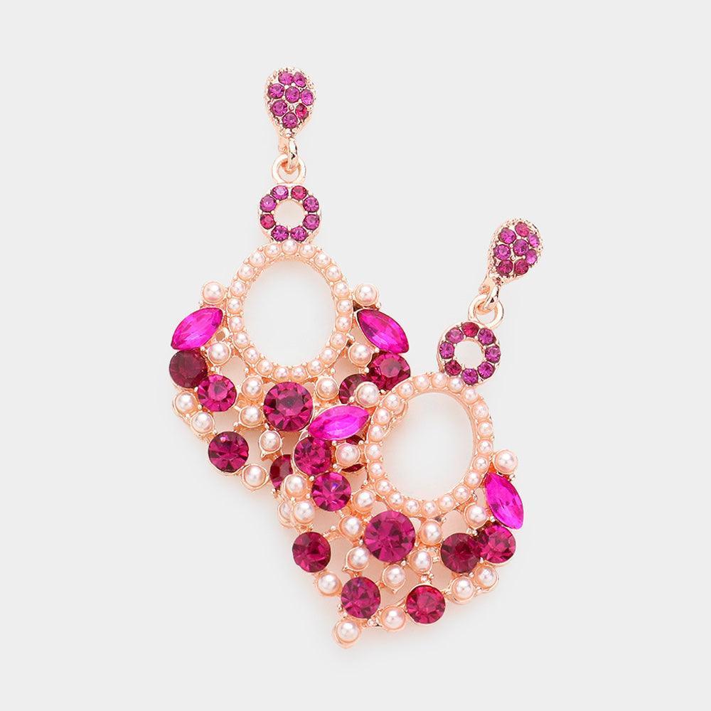 Fuchsia Pearl Stone Embellished Dangle Evening Earrings - Jewelry Store by Erik Rayo