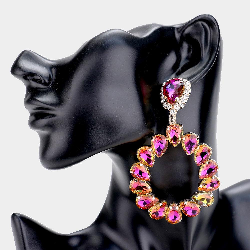 Purple Teardrop Stone Cluster Evening Earrings