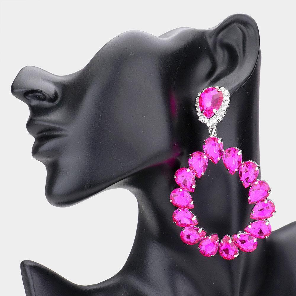 Fuchsia Teardrop Stone Cluster Evening Earrings - Jewelry Store by Erik Rayo