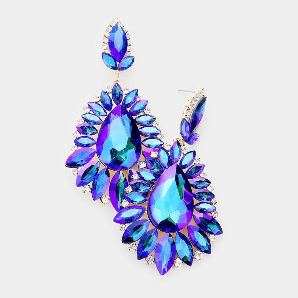 Blue Teardrop Center Marquise Stone Cluster Evening Earrings - Jewelry Store by Erik Rayo