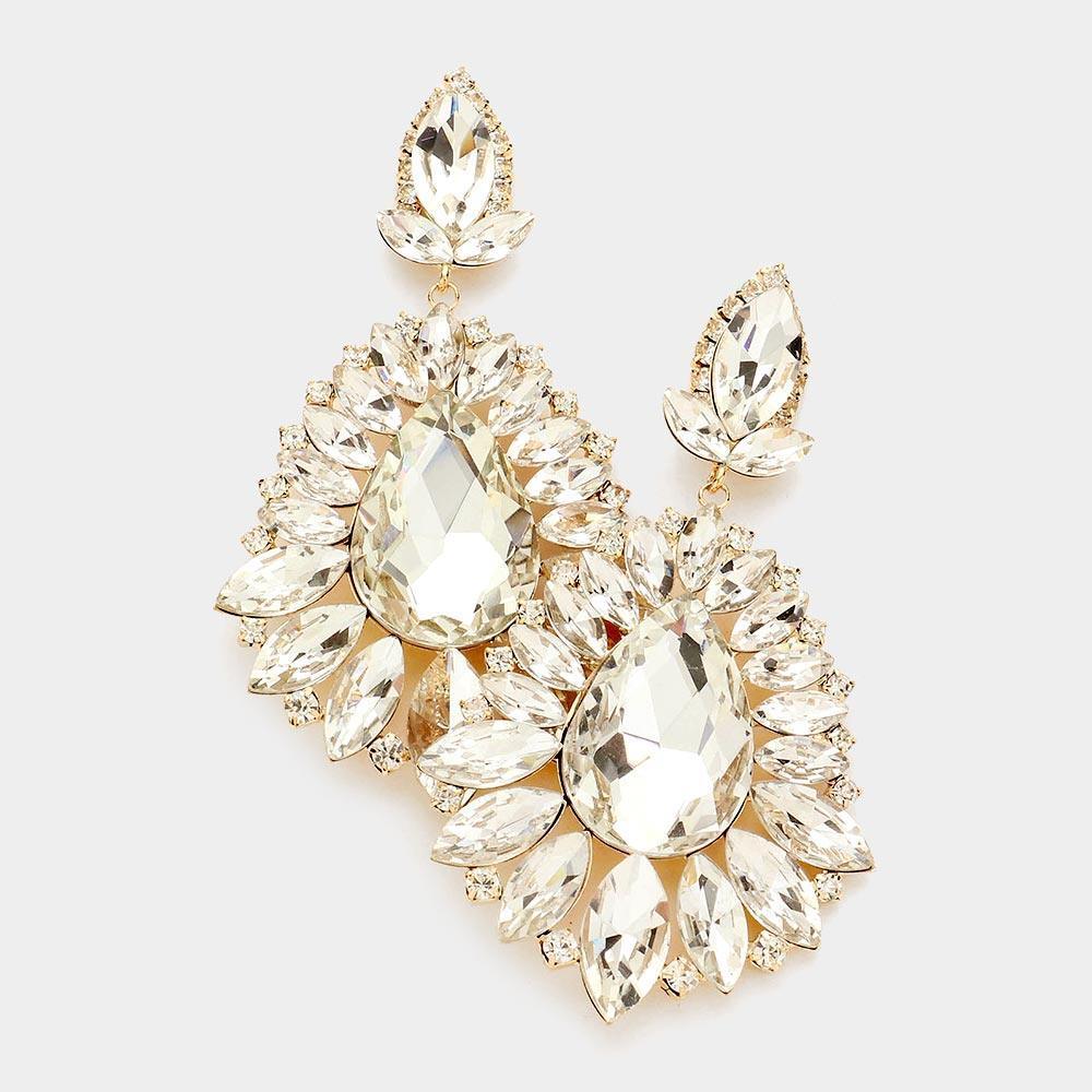 Gold Teardrop Center Marquise Stone Cluster Evening Earrings - Jewelry Store by Erik Rayo