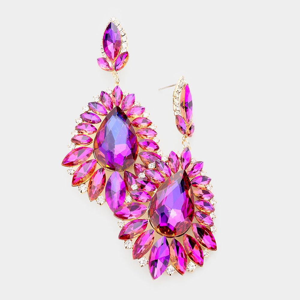 Purple Teardrop Center Marquise Stone Cluster Evening Earrings