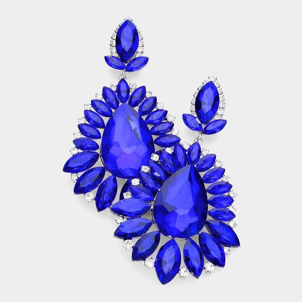 Blue Teardrop Center Marquise Stone Cluster Evening Earrings - Jewelry Store by Erik Rayo