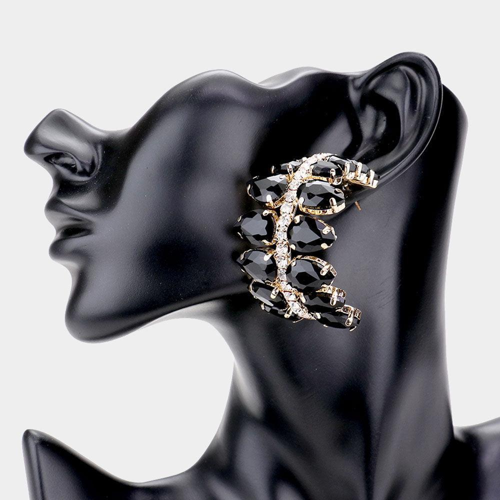Black Teardrop Stone Cluster Leaf Evening Earrings - Jewelry Store by Erik Rayo