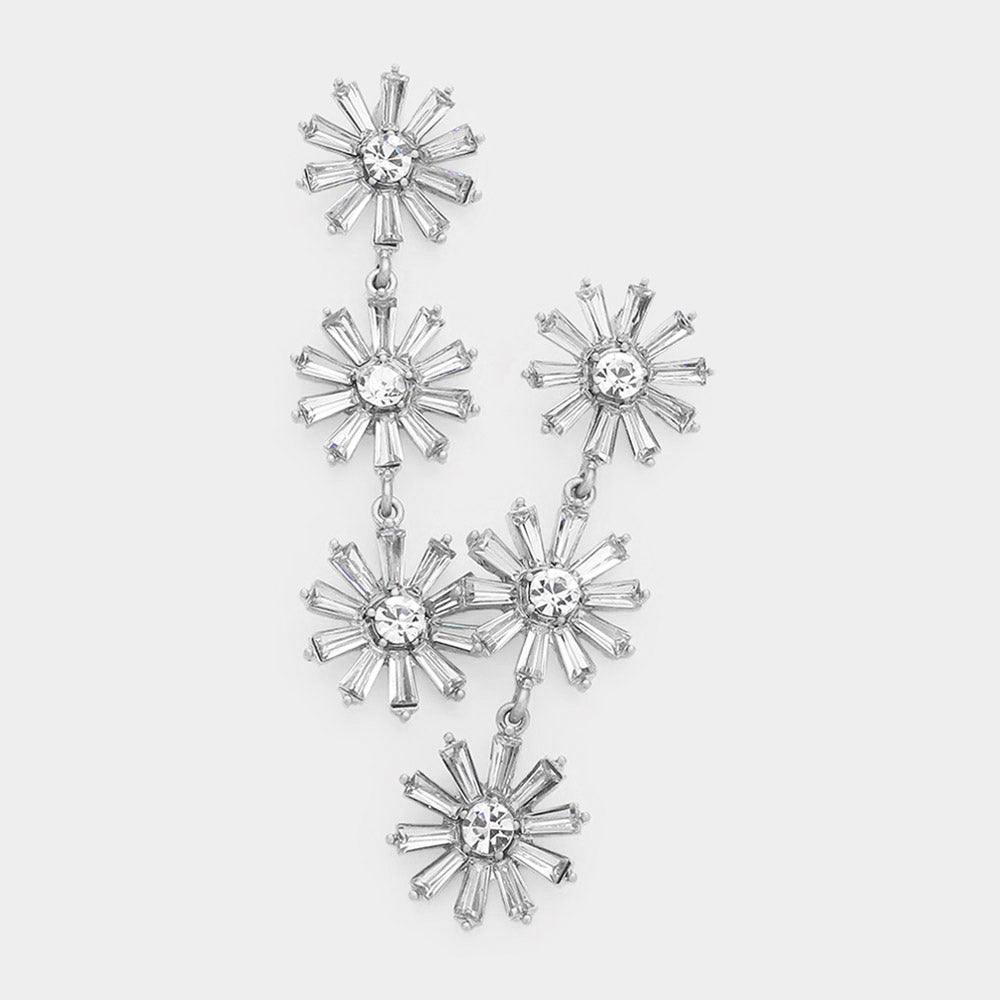 Silver Triple Flower Link Dangle Evening Earrings