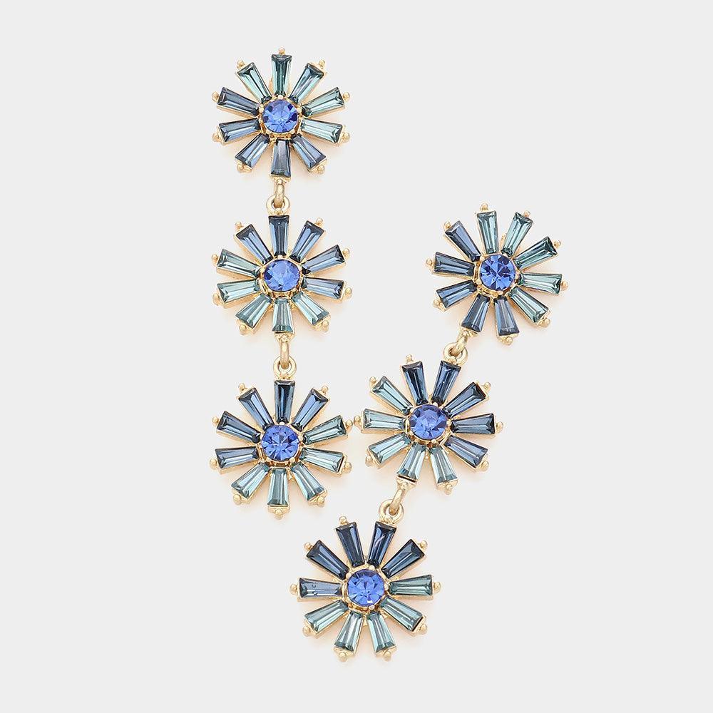 Blue Triple Flower Link Dangle Evening Earrings - Jewelry Store by Erik Rayo