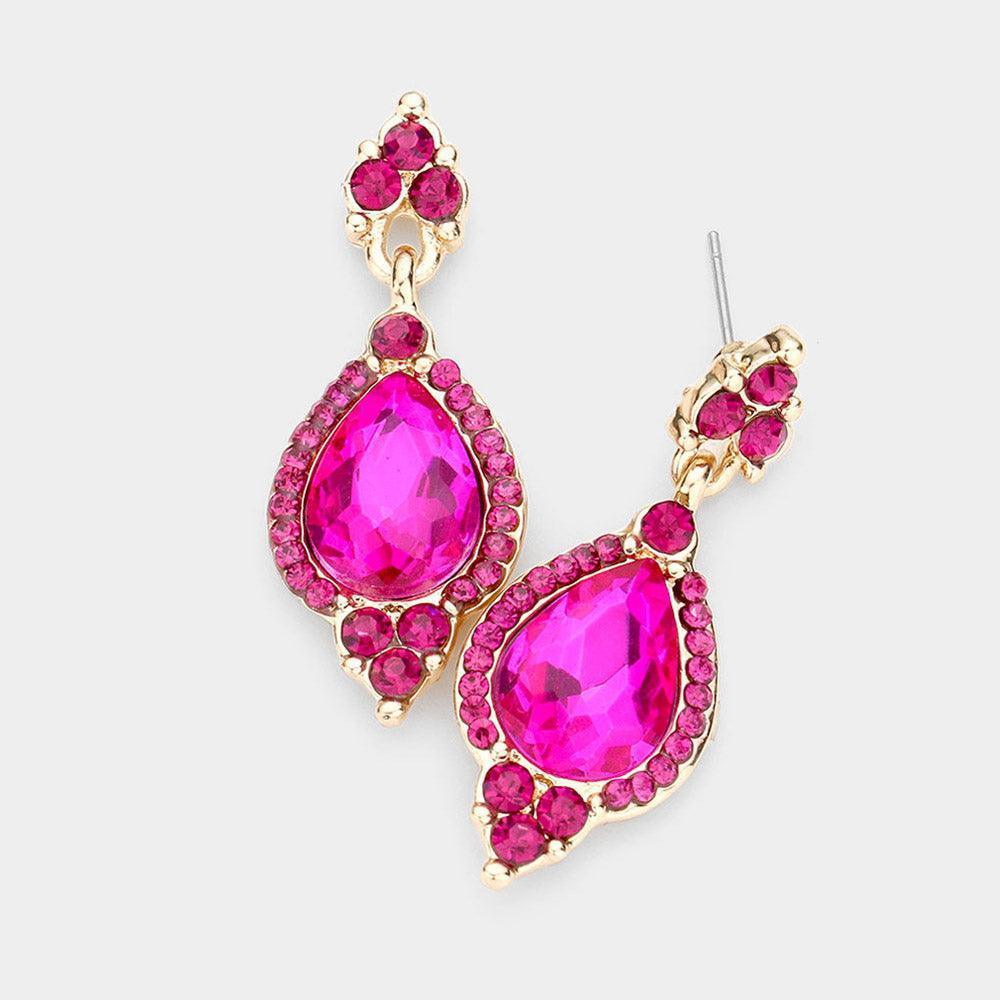 Fuchsia Teardrop Centered Dangle Evening Earrings - Jewelry Store by Erik Rayo