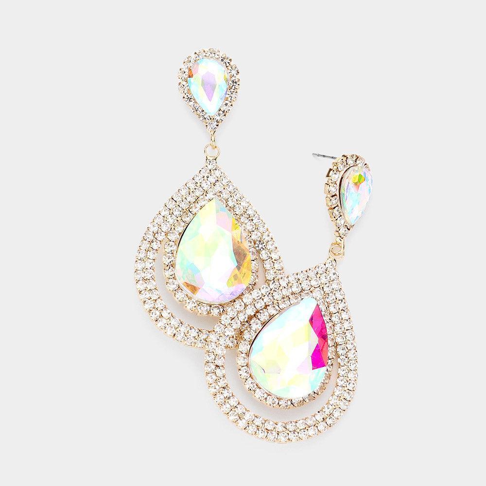 Gold Teardrop Stone Accented Rhinestone Trimmed Evening Dangle Earrings - Jewelry Store by Erik Rayo