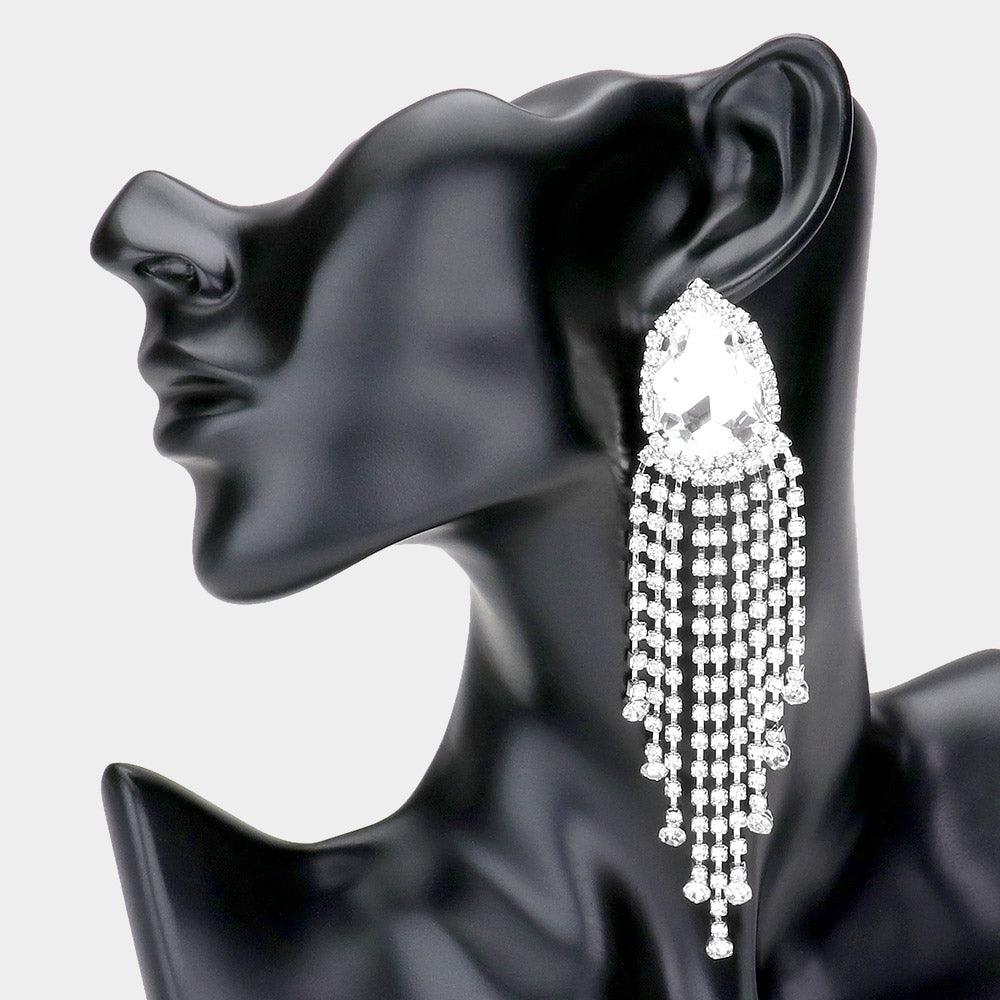 Teardrop Stone Accented Fringe Dangle Evening Earrings