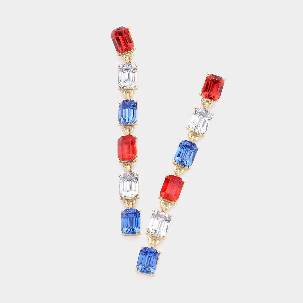 Gold American USA Colored Emerald Cut Stone Cluster Link Dropdown Earrings - Jewelry Store by Erik Rayo