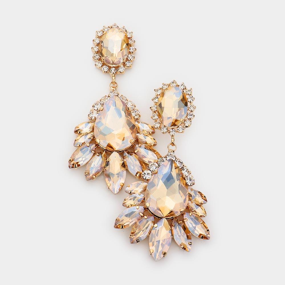 Teardrop Accented Marquise Stone Trimmed Dangle Evening Earrings