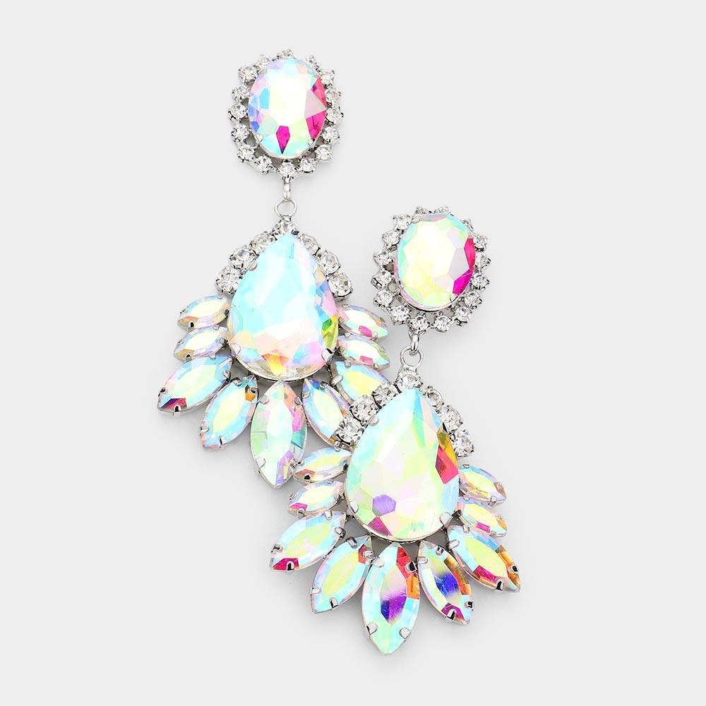 Teardrop Accented Marquise Stone Trimmed Dangle Evening Earrings