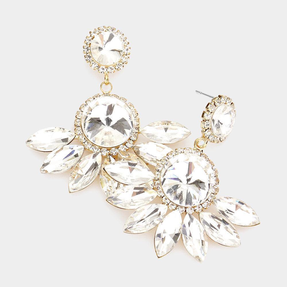 Gold Round Centered Marquise Stone Cluster Dangle Evening Earrings - Jewelry Store by Erik Rayo