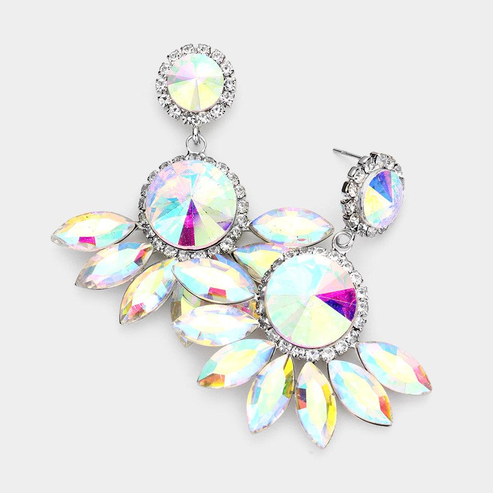 Round Centered Marquise Stone Cluster Dangle Evening Earrings