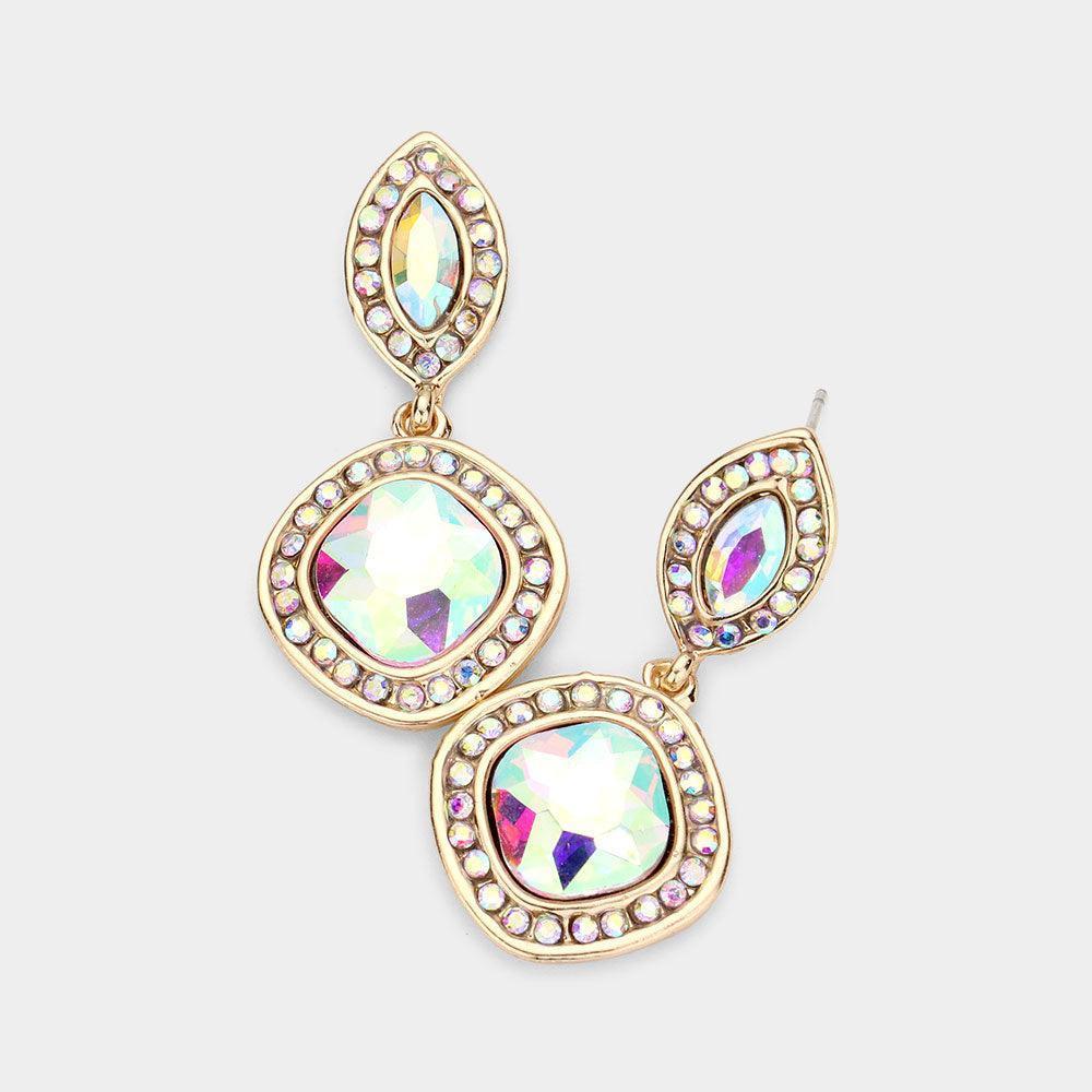 Gold Rhinestone Trimmed Marquise Square Stone Link Dangle Evening Earrings - Jewelry Store by Erik Rayo