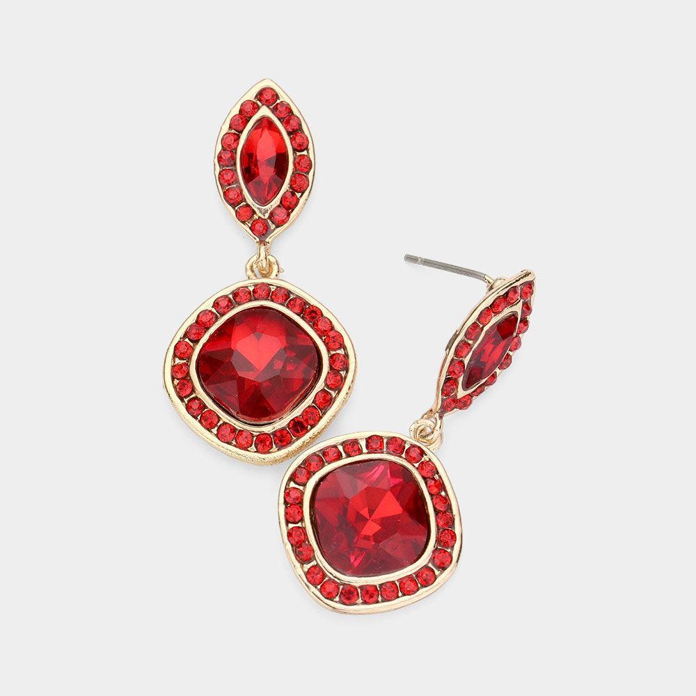 Red Rhinestone Trimmed Marquise Square Stone Link Dangle Evening Earrings - Jewelry Store by Erik Rayo