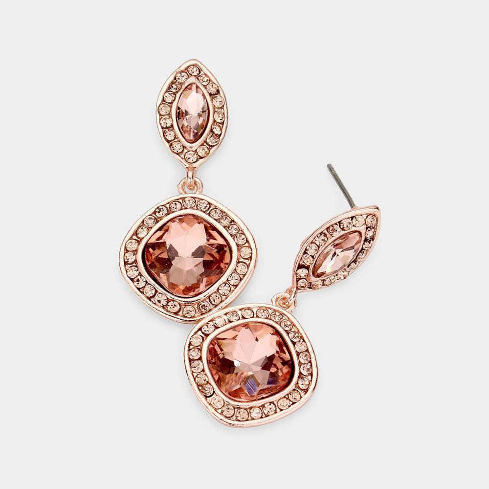Peach Rhinestone Trimmed Marquise Square Stone Link Dangle Evening Earrings - Jewelry Store by Erik Rayo