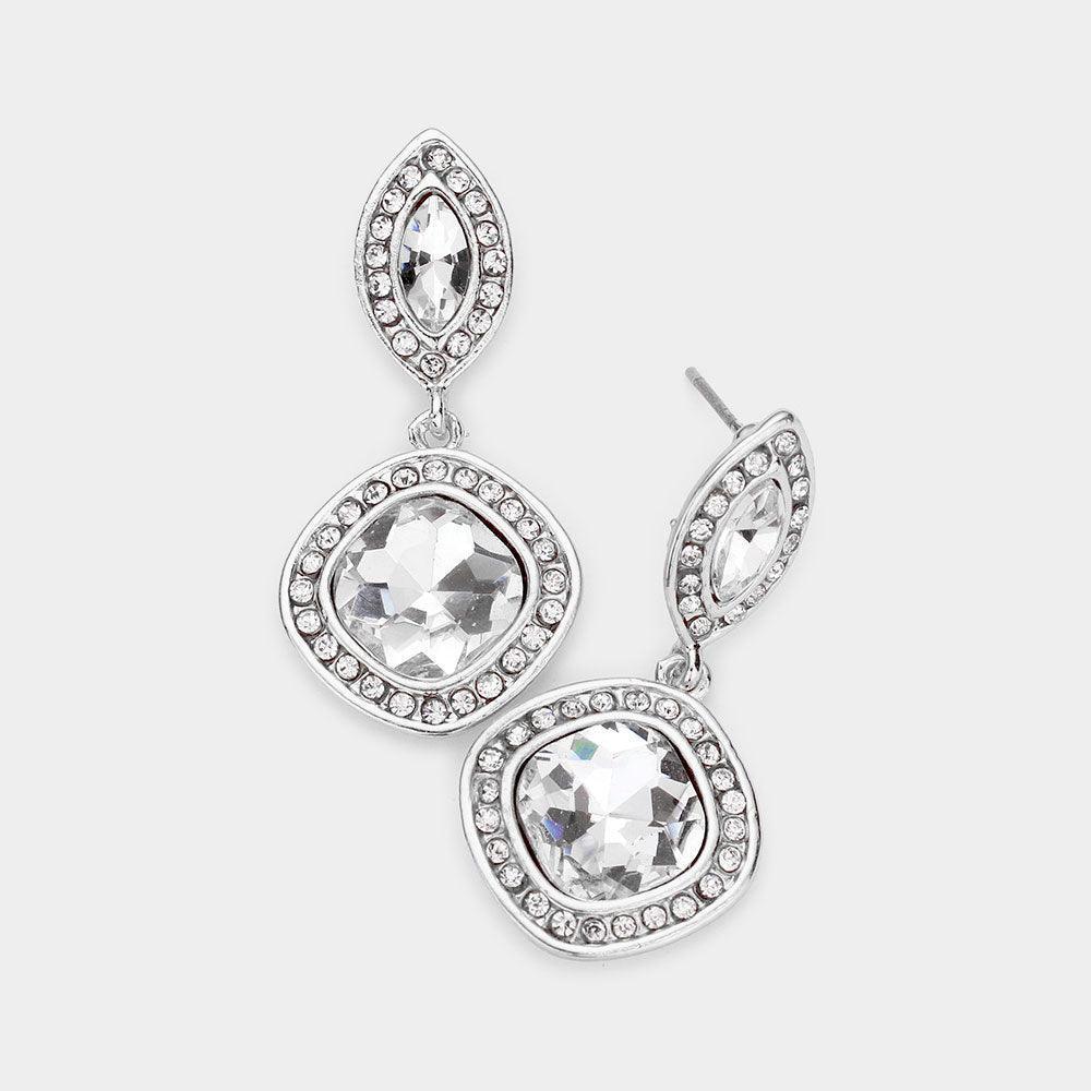 Silver Rhinestone Trimmed Marquise Square Stone Link Dangle Evening Earrings - Jewelry Store by Erik Rayo