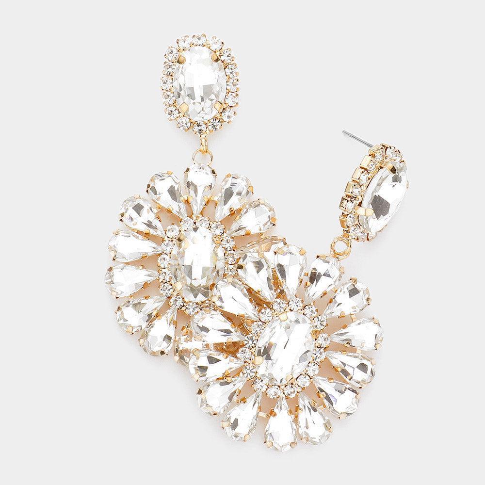 Gold Oval Stone Centered Teardrop Cluster Evening Earrings - Jewelry Store by Erik Rayo
