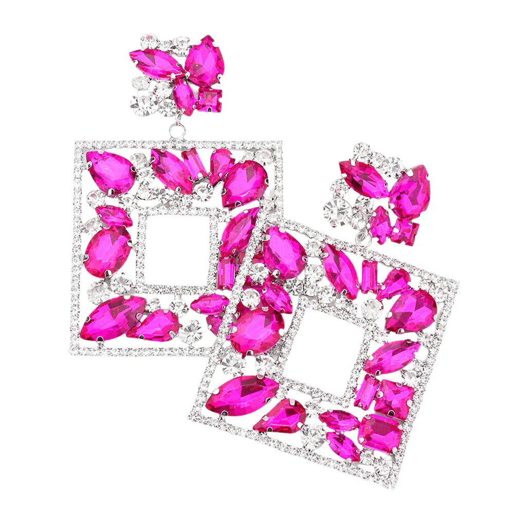 Fuchsia Multi Stone Embellished Square Dangle Evening Earrings - Jewelry Store by Erik Rayo