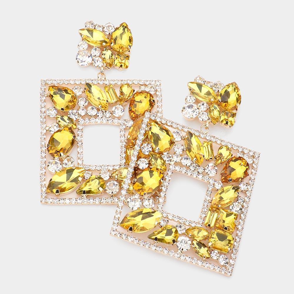 Yellow Multi Stone Embellished Square Dangle Evening Earrings - Jewelry Store by Erik Rayo