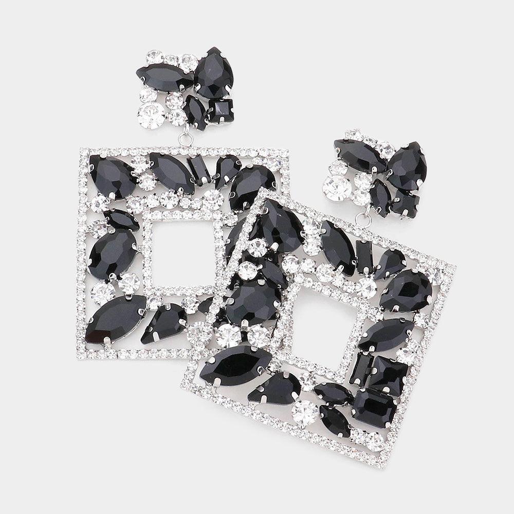 Black Multi Stone Embellished Square Dangle Evening Earrings - Jewelry Store by Erik Rayo
