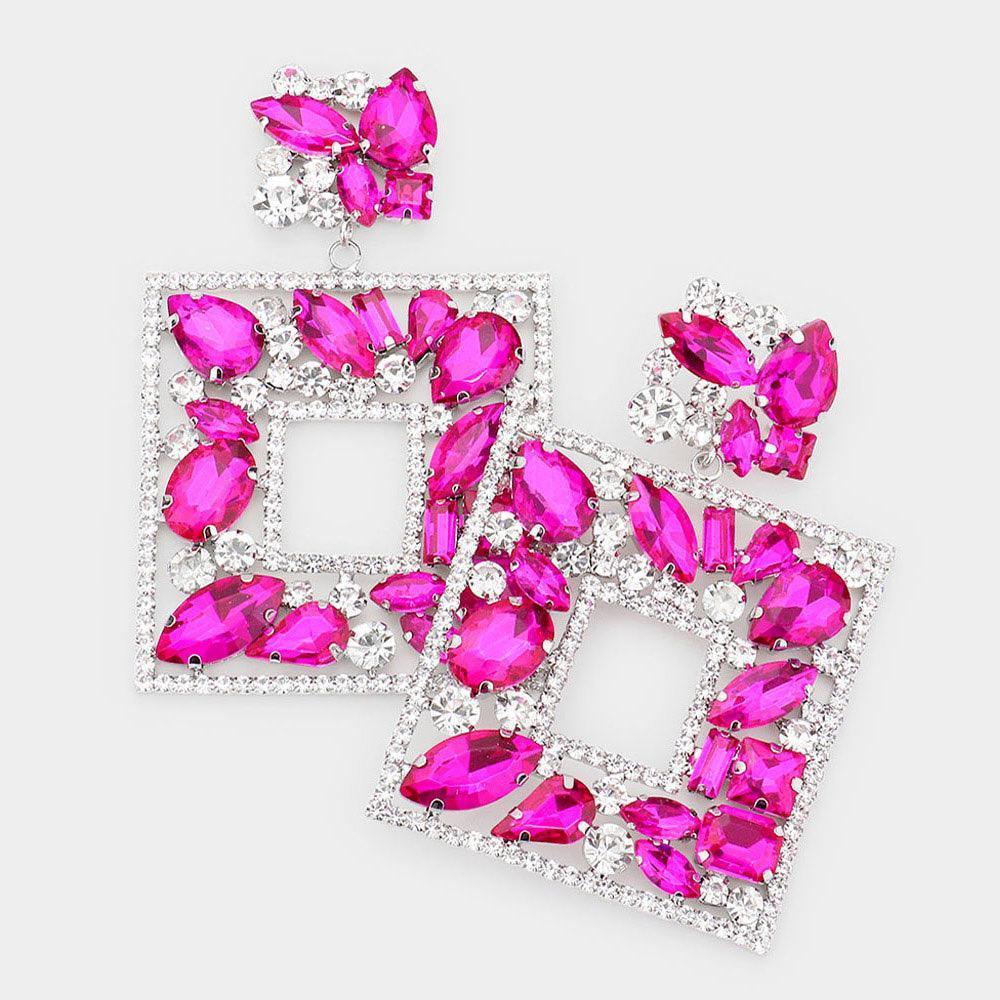 Fuchsia Multi Stone Embellished Square Dangle Evening Earrings - Jewelry Store by Erik Rayo