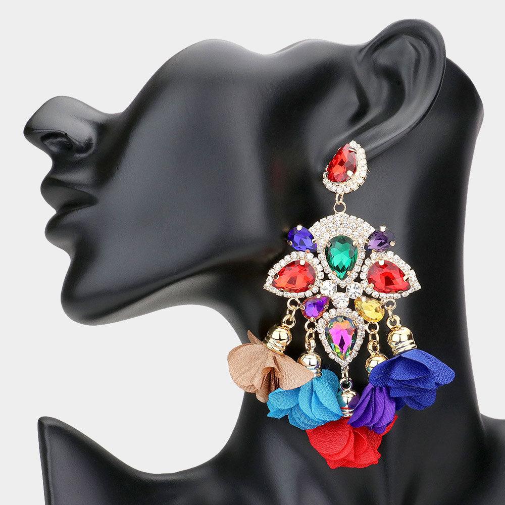 Teardrop Stone Accented Fabric Flower Dangle Chandelier Evening Earrings