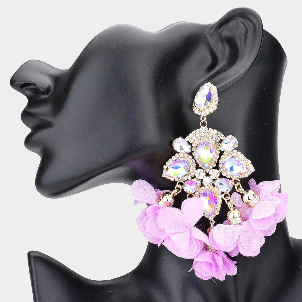 Lavender Teardrop Stone Accented Fabric Flower Dangle Chandelier Evening Earrings - Jewelry Store by Erik Rayo