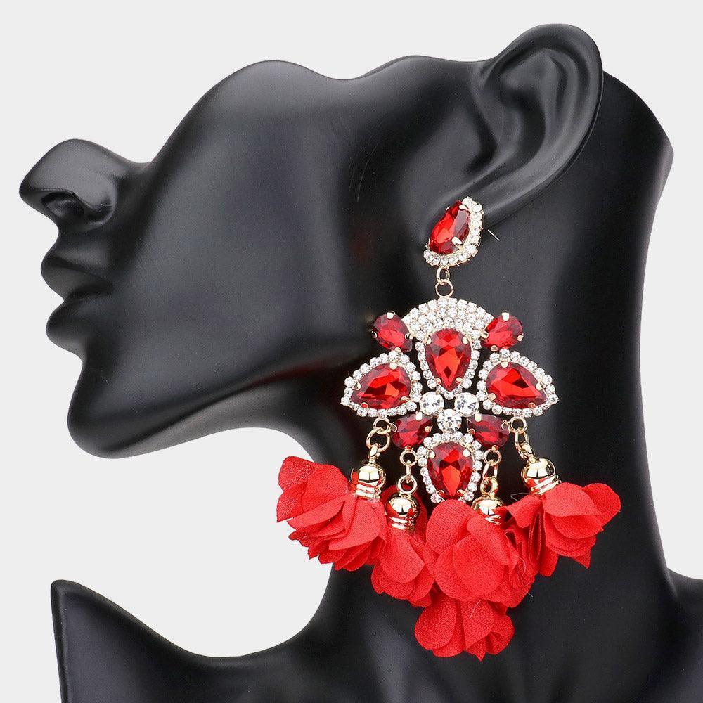 Red Teardrop Stone Accented Fabric Flower Dangle Chandelier Evening Earrings - Jewelry Store by Erik Rayo