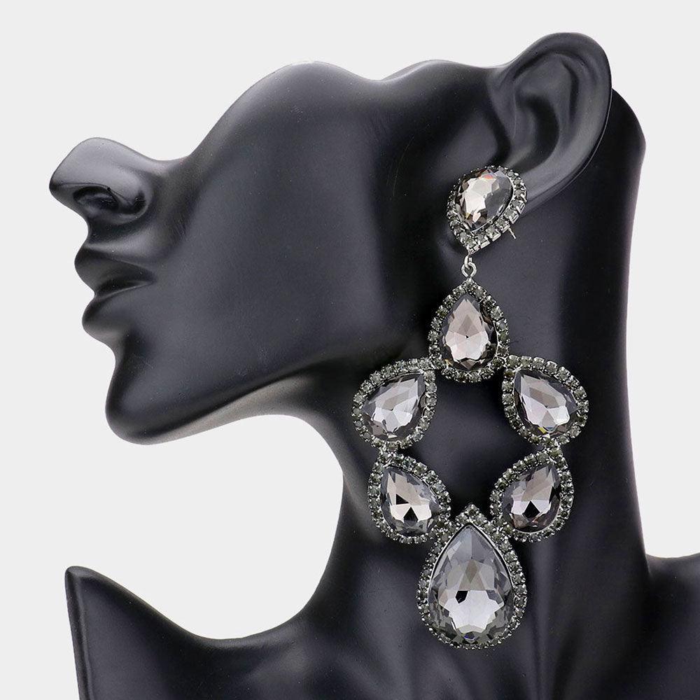 Black Teardrop Stone Cluster Dangle Evening Earrings - Jewelry Store by Erik Rayo