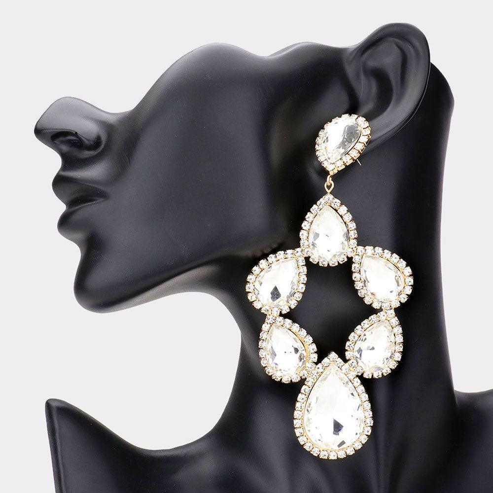 Gold Teardrop Stone Cluster Dangle Evening Earrings - Jewelry Store by Erik Rayo