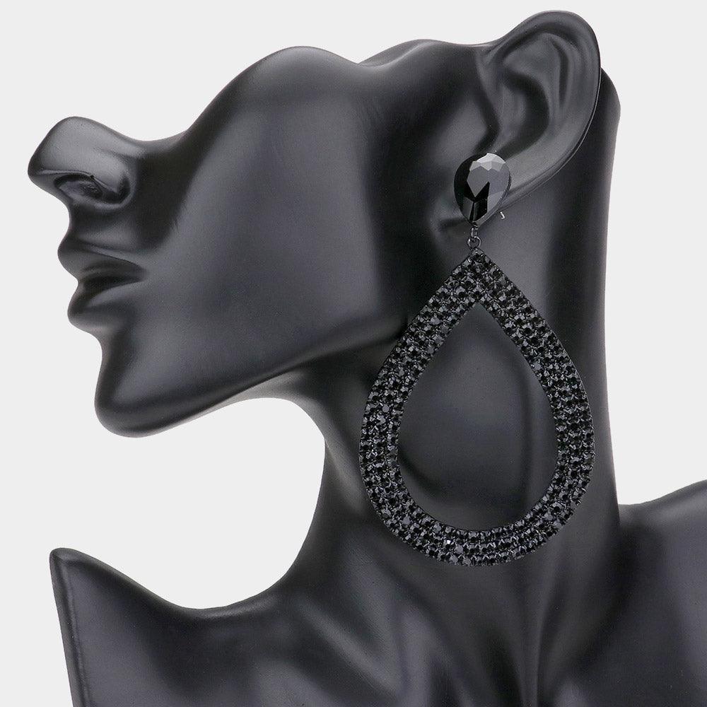 Black Rhinestone Pave Open Teardrop Dangle Evening Earrings - Jewelry Store by Erik Rayo