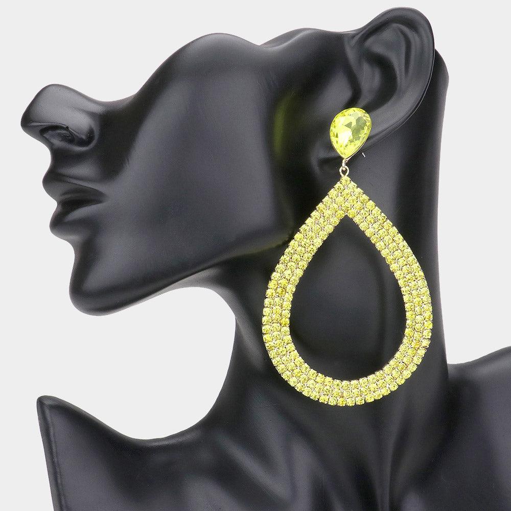 Yellow Rhinestone Pave Open Teardrop Dangle Evening Earrings