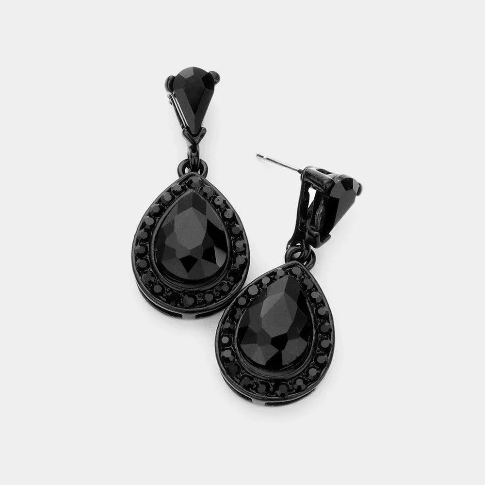 Black Rhinestone Trimmed Teardrop Stone Accented Dangle Evening Earrings