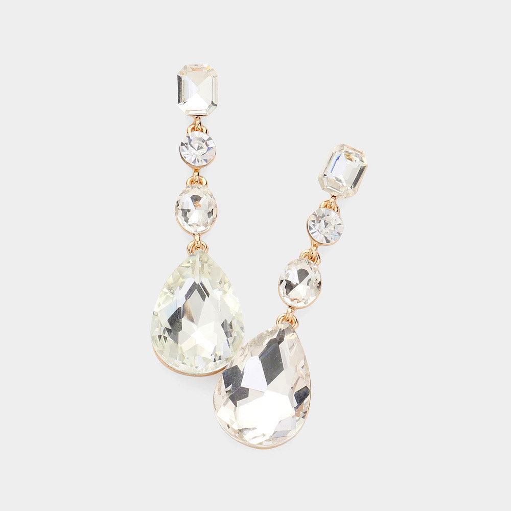 Gold Teardrop Crystal Stone Accented Evening Earrings