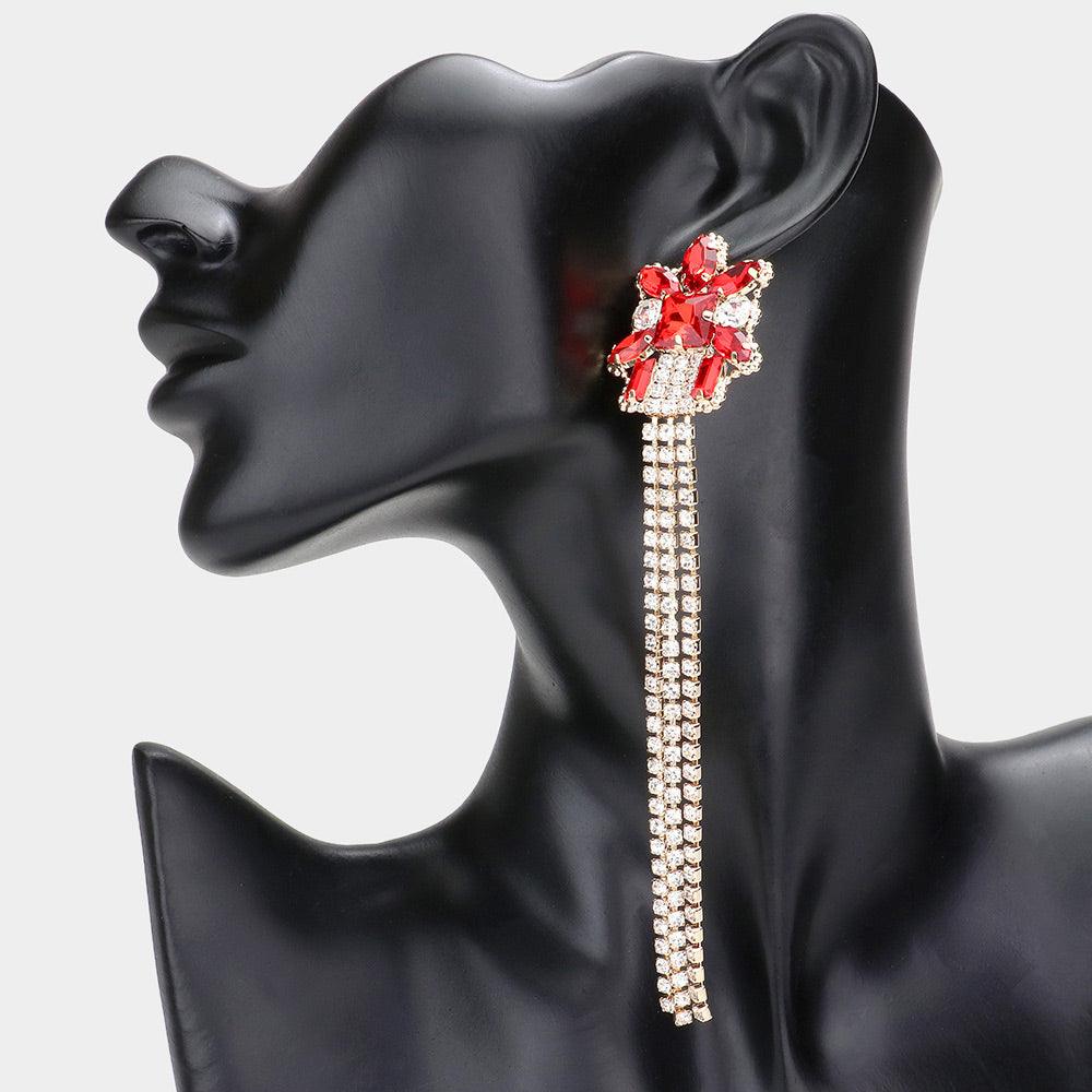 Red Multi Stone Cluster Dropped Rhinestone Dangle Evening Earrings