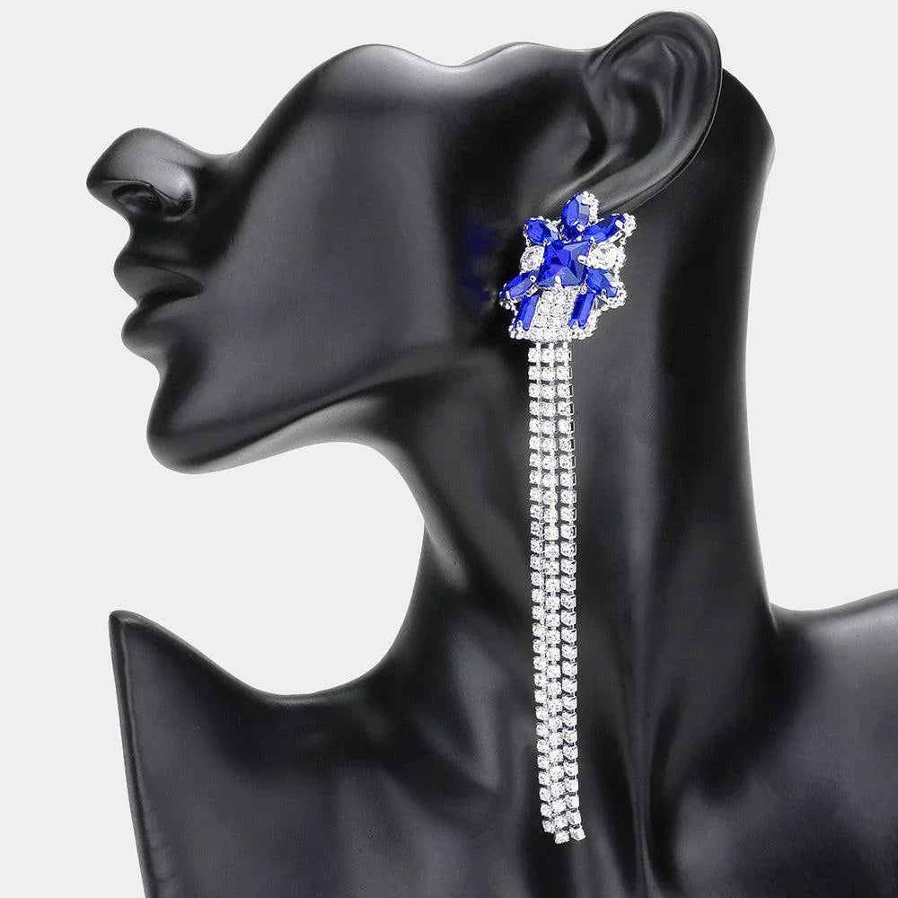 Blue Multi Stone Cluster Dropped Rhinestone Dangle Evening Earrings - Jewelry Store by Erik Rayo