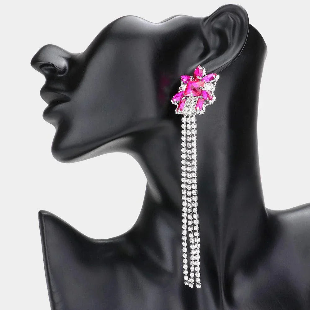 Fuchsia Multi Stone Cluster Dropped Rhinestone Dangle Evening Earrings - Jewelry Store by Erik Rayo