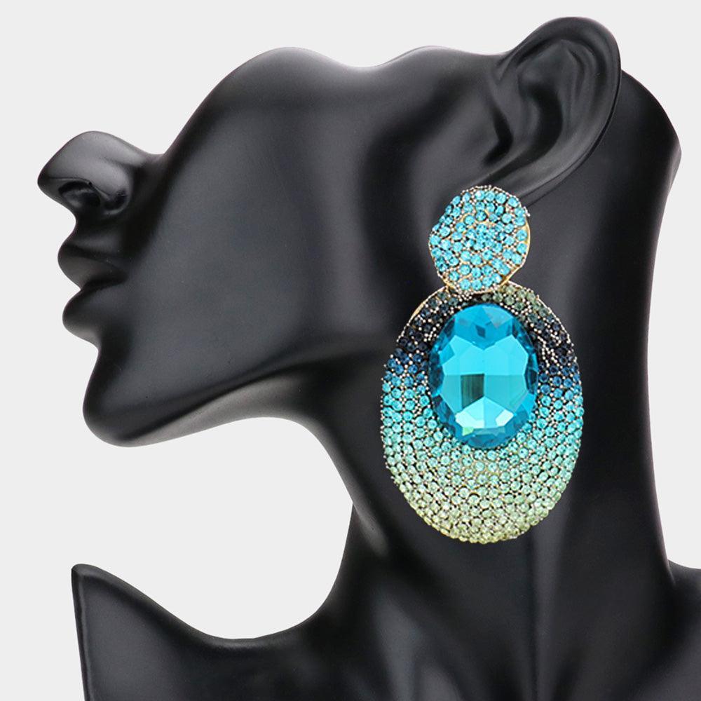 Blue Oval Glass Stone Pointed Rhinestone Paved Dangle Evening Earrings - Jewelry Store by Erik Rayo