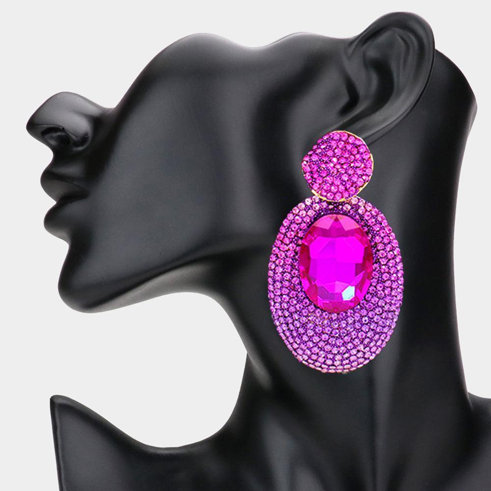 Pink Oval Glass Stone Pointed Rhinestone Paved Dangle Evening Earrings
