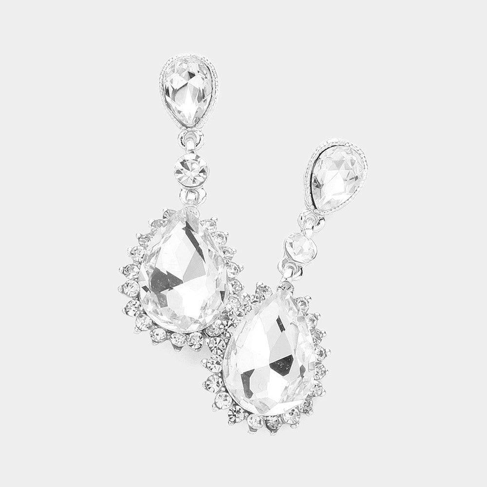 Silver Teardrop Crystal Stone Dangle Evening Earrings